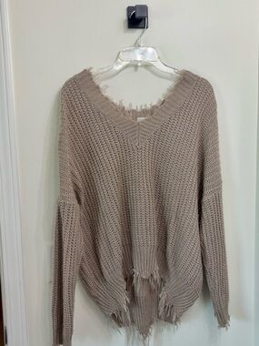 Main Strip Distressed V-Neck Sweater - Taupe